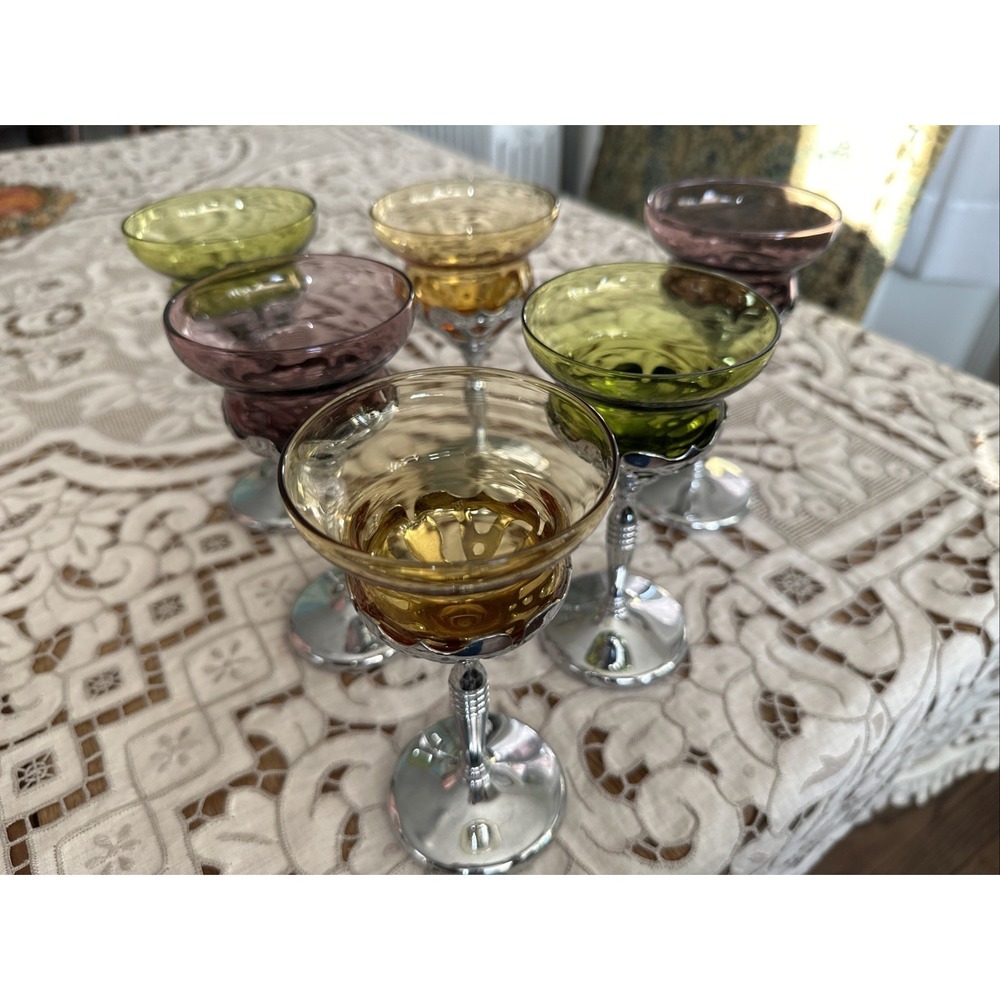 VTG 1940's Cambridge Glass Farber Bros Cordial Glasses Krome Kraft Set Of 6 MINT